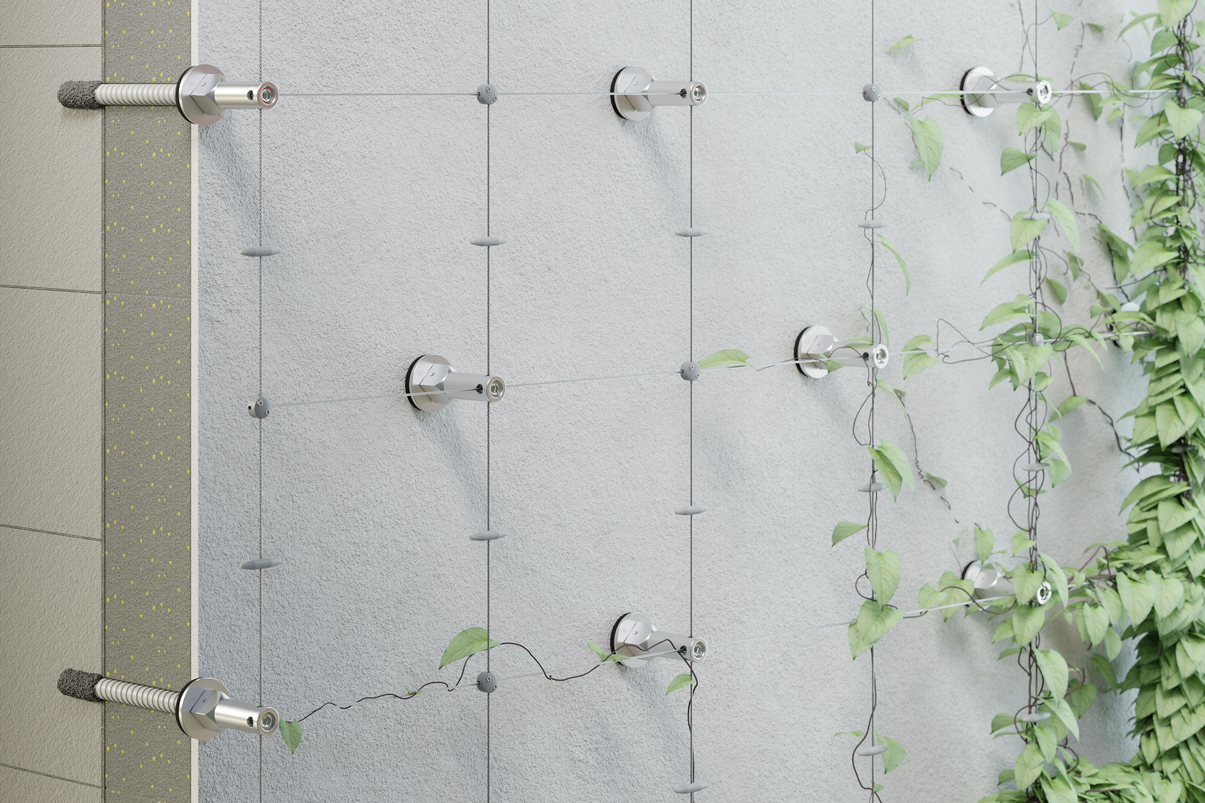 Rankhilfen auf WDVS-Dämmplatten mit Efeu-Bewuchs