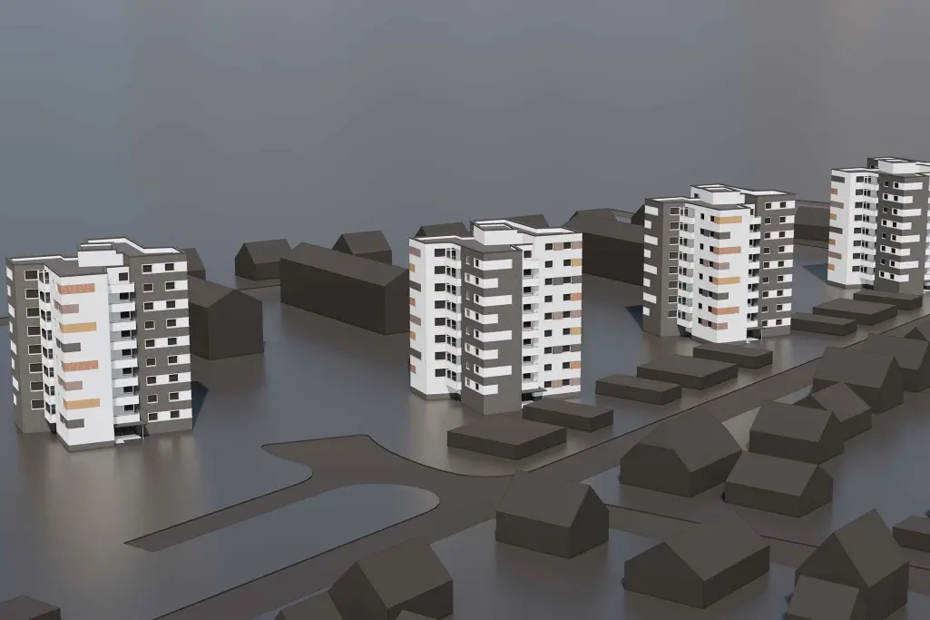 Hochhäuser und Häuser in Form von Hausmodellen, schwarz-weiß, Farb- und Materialkonzepte von Sto