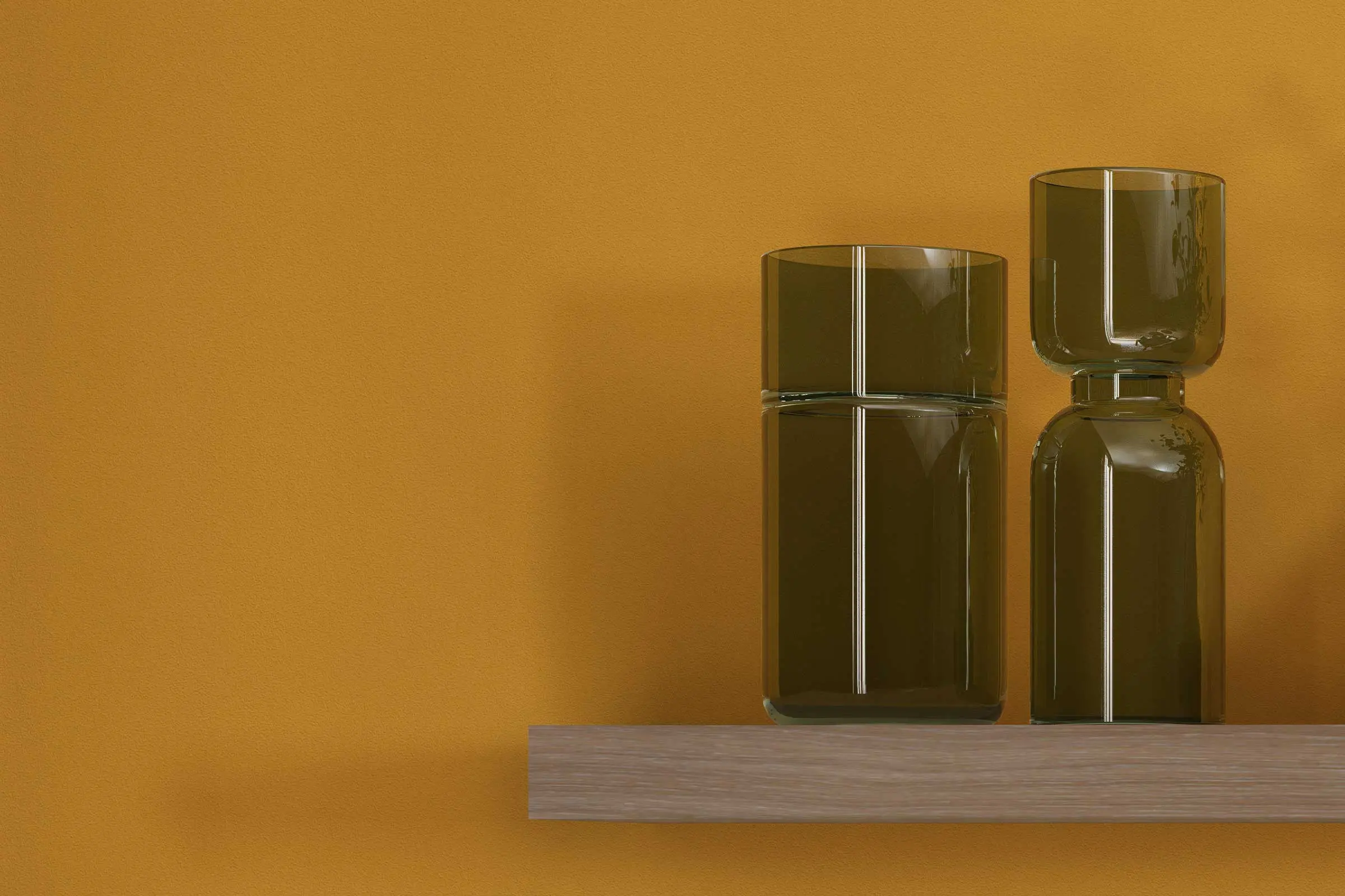 Essbereich, Detail Wandregal mit Dekovasen an gelber Wandfläche, Interior Colors 24+ von Sto