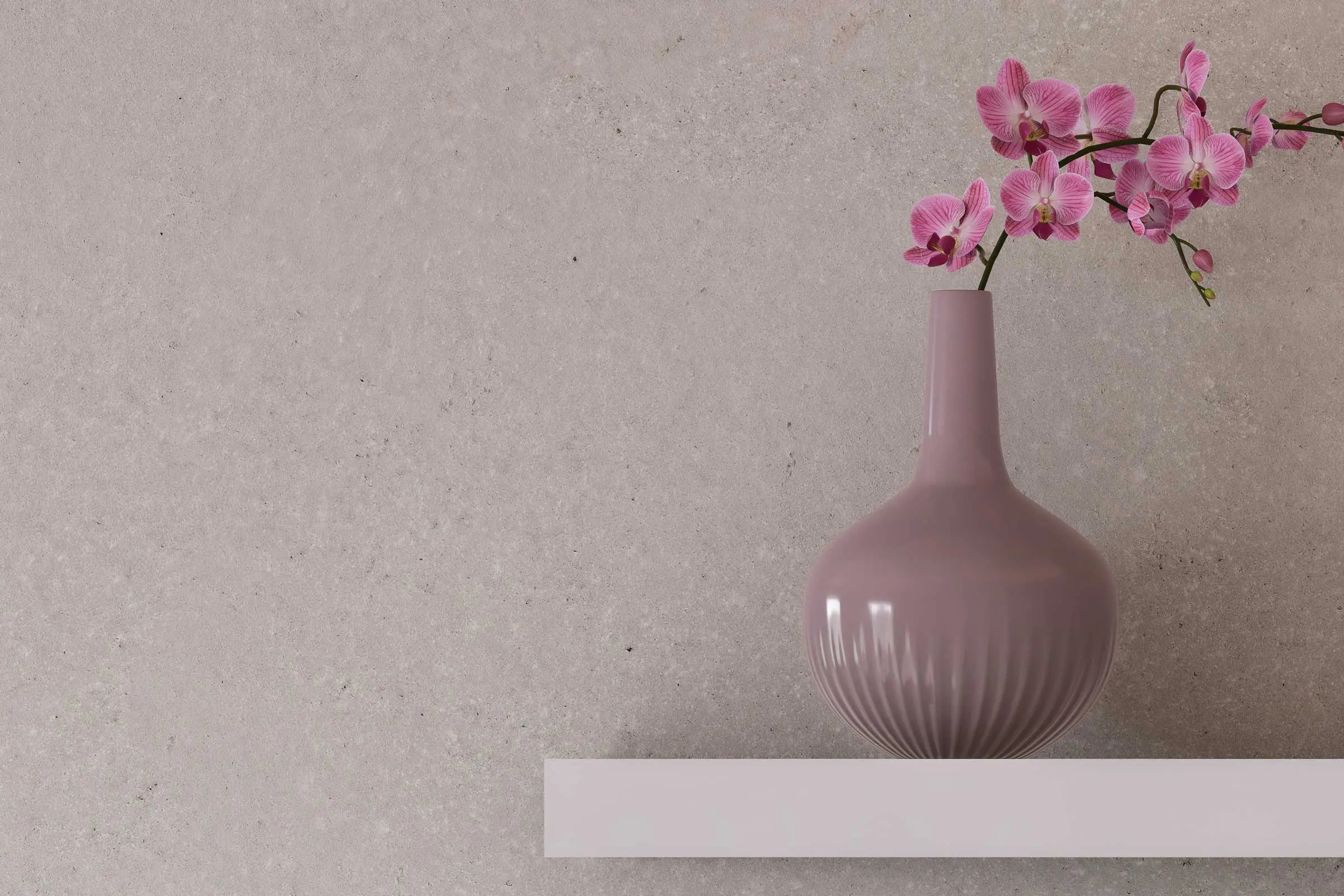 Schlafzimmer-Detail Wandregal mit Vase, naturfarbene Wand gestaltet mit Interior Colors 24+ von Sto