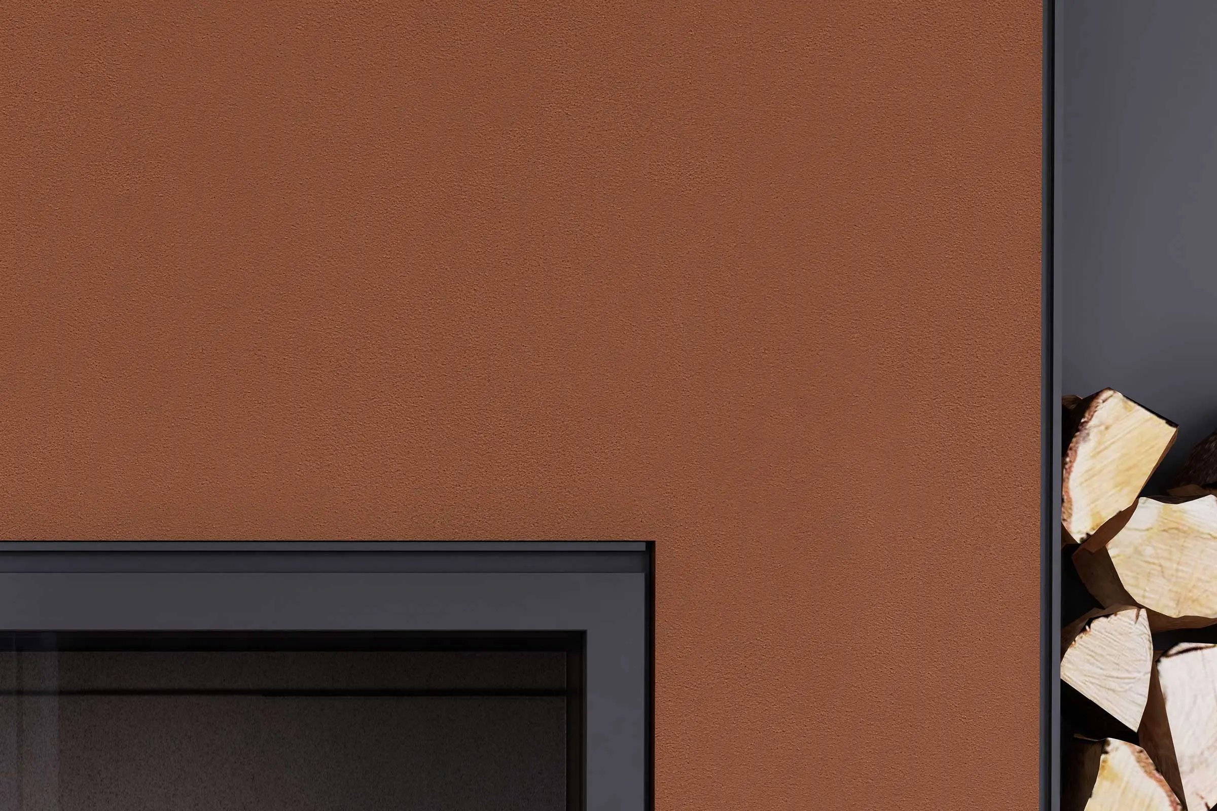 Wohnbereich, Detail Feuerholz Kamin, rotbraune Wandfläche gestaltet mit Interior Colors 24+