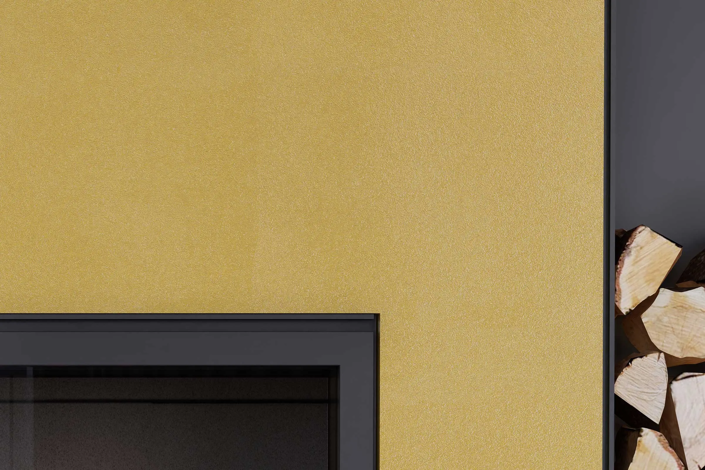 Wohnbereich, Detail Feuerholz Kamin, gelbe Wandfläche gestaltet mit Interior Colors 24+ von Sto