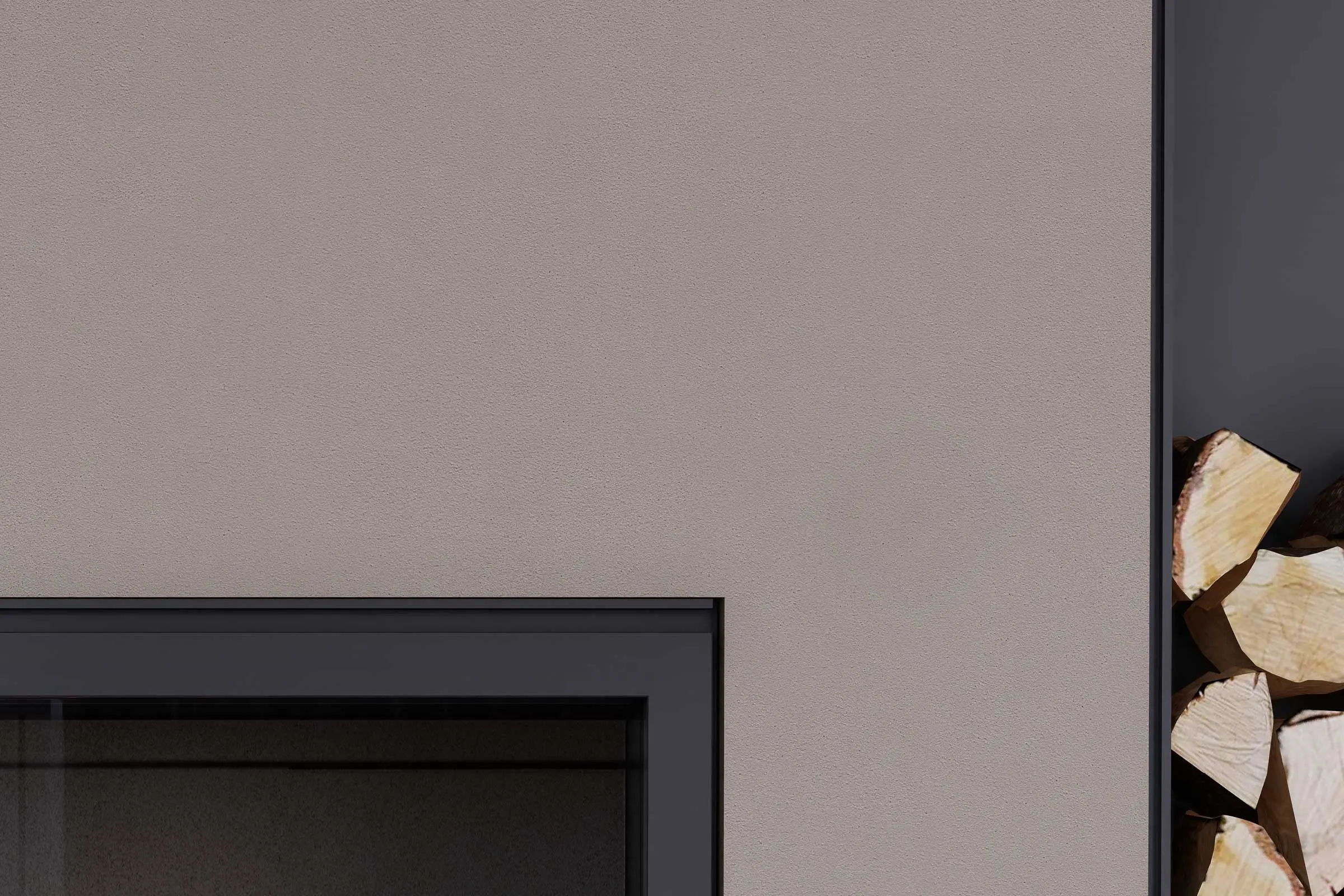 Wohnbereich, Detail Feuerholz Kamin, walnussfarbene Wand, gestaltet mit Interior Colors 24+