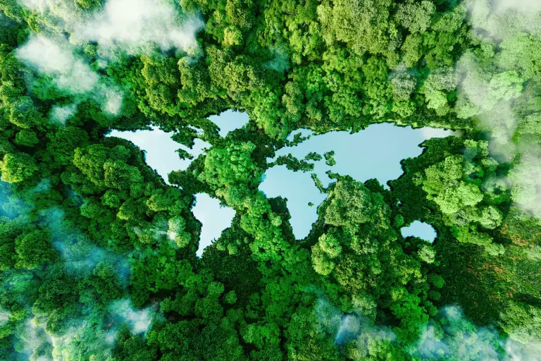 Umwelt und nachhaltiges Bauen: Kontinete derWelt als Seen inmitten unberührter Natur.