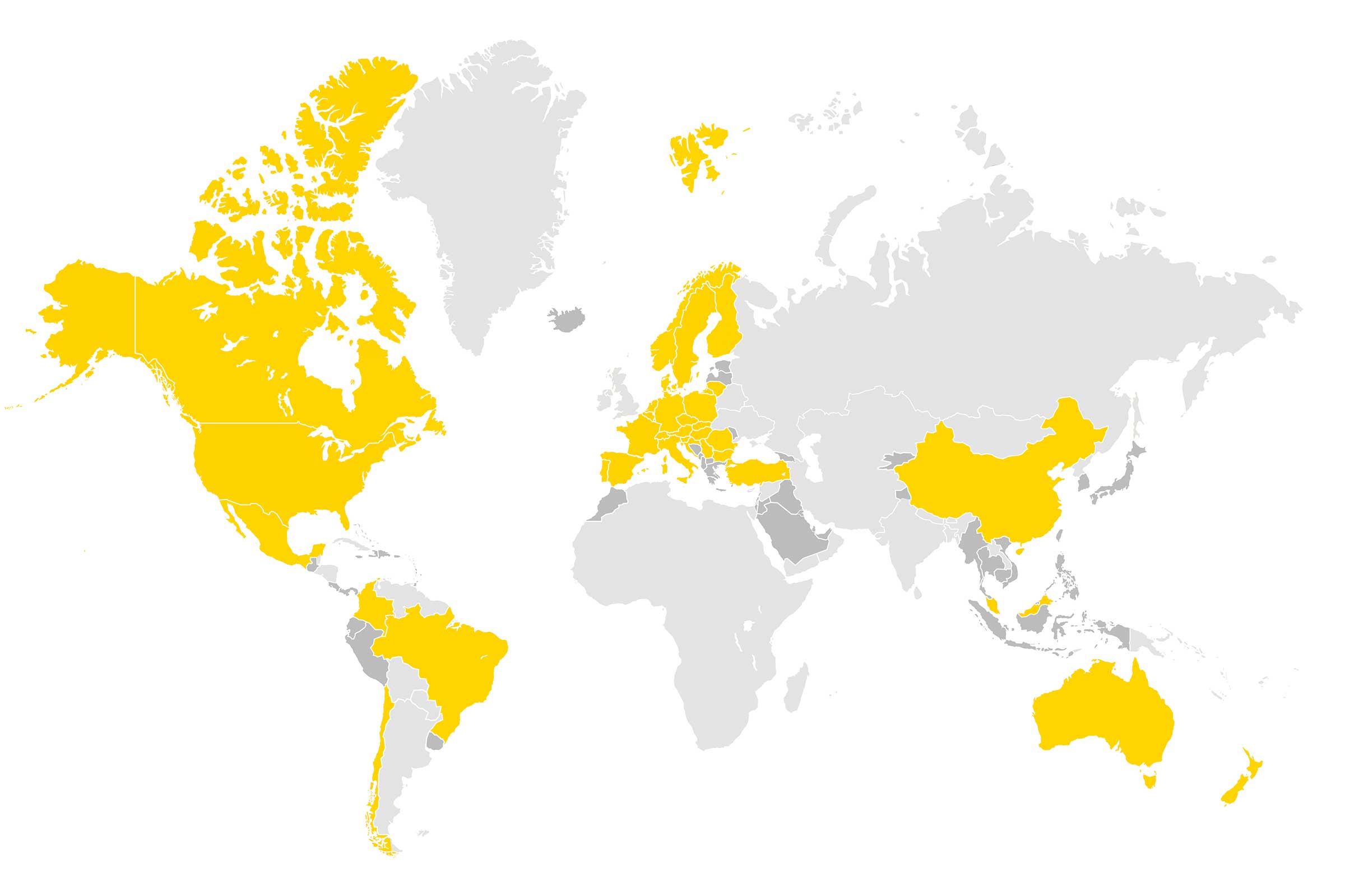 Weltkarte, die durch gelbe und graue Markierungen zeigt, wo Sto überall auf der Welt vertreten ist.